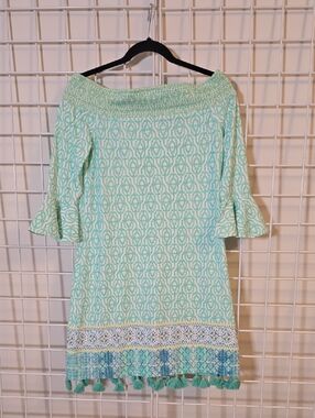 Cabana Life Mint Patterned Off-Shoulder Swim Cover Up Dress with Tassels Small